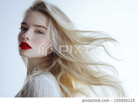 Beauty portrait of blond beautiful woman with white skin and red lipstick.Macro.AI Generative. 120898128