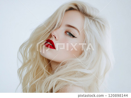 Blond beautiful young woman with white skin and red lipstick in studio beauty portrait for magazine.Macro.AI Generative. 120898144