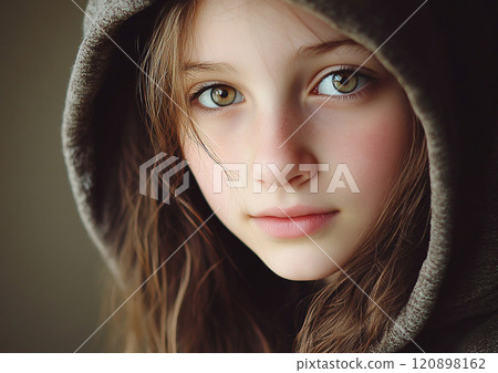 Young beautiful teenager girl wearing hoodie jumper.Macro.AI Generative. Young beautiful teenager girl wearing hoodie jumper.Macro.AI Generative. 120898162