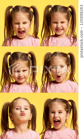 Vertical collage. Close-up portraits of little playful girl, child expressing diversity of emotions against yellow background. 120898263