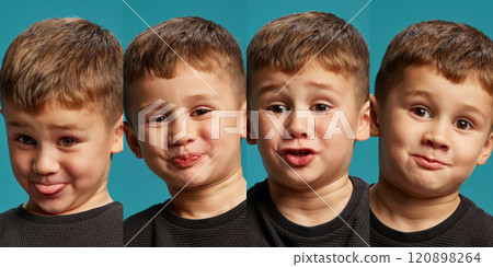 Collage. Little boy, child showing variety of funny expressions against blue background. Joy, grimacing, smiling. 120898264