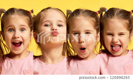 Collage. Close-up portraits of little playful girl, child expressing diversity of emotions against yellow background. 120898265