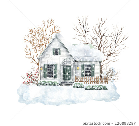 Winter landscape house and trees. Christmas scene 120898287