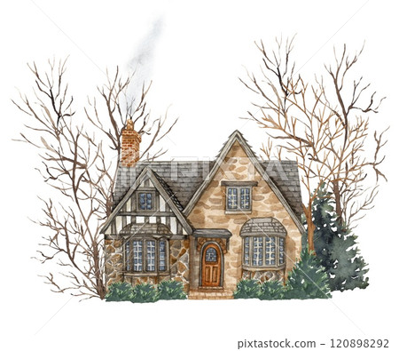 Winter landscape house and trees. Christmas scene 120898292