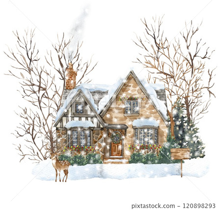 Winter landscape house and trees. Christmas scene Winter landscape house and trees. Christmas scene 120898293