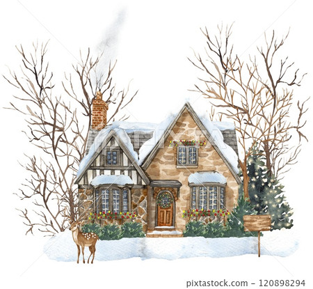 Winter landscape house and trees. Christmas scene Winter landscape house and trees. Christmas scene 120898294