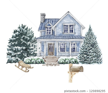 Winter landscape house and trees. Christmas scene Winter landscape house and trees. Christmas scene 120898295