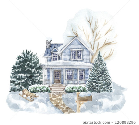 Winter landscape house and trees. Christmas scene Winter landscape house and trees. Christmas scene 120898296