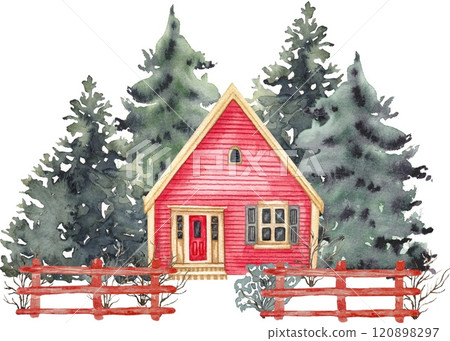 Winter landscape house and trees. Christmas scene Winter landscape house and trees. Christmas scene 120898297
