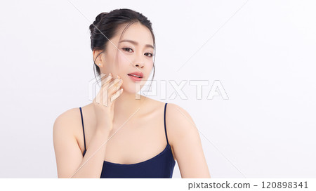 Beautiful young asian woman with clean fresh skin on white background, Face care, Facial treatment, Cosmetology, beauty and spa, Asian women portrait. Beautiful young asian woman with clean fresh skin on white background, Face care, Facial treatment, Cosmetology, beauty and spa, Asian women portrait. 120898341