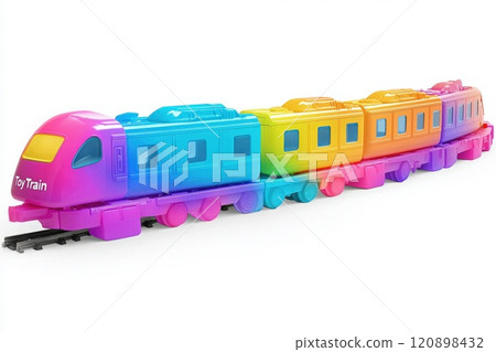 A vibrant toy train set features multiple colorful carriages, designed for childrens imaginative play. The train showcases a gradient of bright colors, appealing to young kids creativity. A vibrant toy train set features multiple colorful carriages, designed for childrens imaginative play. The train showcases a gradient of bright colors, appealing to young kids creativity. 120898432