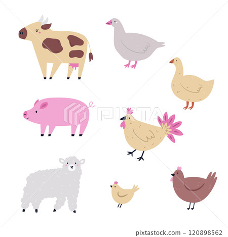 Charming Hand-Drawn Illustration of Farm Animals. Cow, Pig, Sheep, Hen and Goose Charming Hand-Drawn Illustration of Farm Animals. Cow, Pig, Sheep, Hen and Goose 120898562