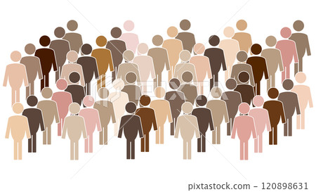 White and black male body silhouette, large crowd of people of different nationalities, stop racism concept, human race skin color examples, multi-ethnic society, human with different skin colors 120898631