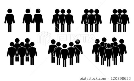 Set of social grouping people, teamwork concept, crowd icon isolated, collection of person group icon, black vector team icon isolated on white background, crowd symbols 120898633