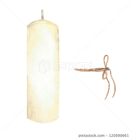 White candle with a jute rope bow. Watercolor illustration for the church religious holidays, baptism, first communion, wedding, Christmas card design. Hand drawn clipart set Isolated from background 120898661