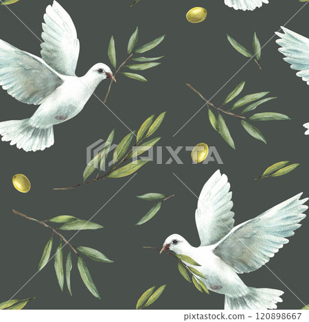 Pigeon with olive tree branch, green leaves and fruit berries Watercolor seamless pattern. White flying dove bird. Painted illustration for wedding, Baptism, religious fabric. Isolated dark background Pigeon with olive tree branch, green leaves and fruit berries Watercolor seamless pattern. White flying dove bird. Painted illustration for wedding, Baptism, religious fabric. Isolated dark background 120898667