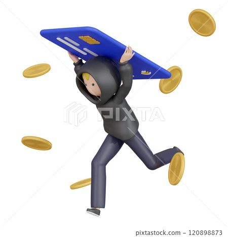 3DCG | A hooded man stealing credit card information and planning to commit fraud 120898873