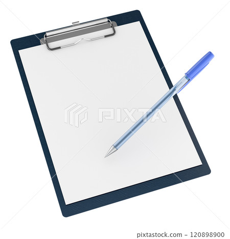 Clipboard with blank A4 paper mockup and blue ballpoint pen. 3D rendering 120898900