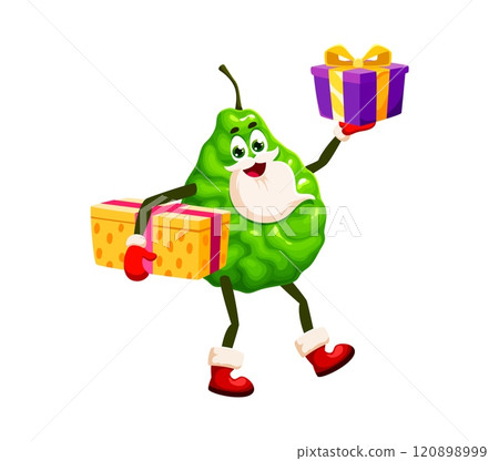 Cartoon bergamot Christmas and New Year winter tropical fruit character joyfully carries gifts. Isolated vector personage adorned with red festive attire, spreading holiday cheer and spirit of giving Cartoon bergamot Christmas and New Year winter tropical fruit character joyfully carries gifts. Isolated vector personage adorned with red festive attire, spreading holiday cheer and spirit of giving 120898999