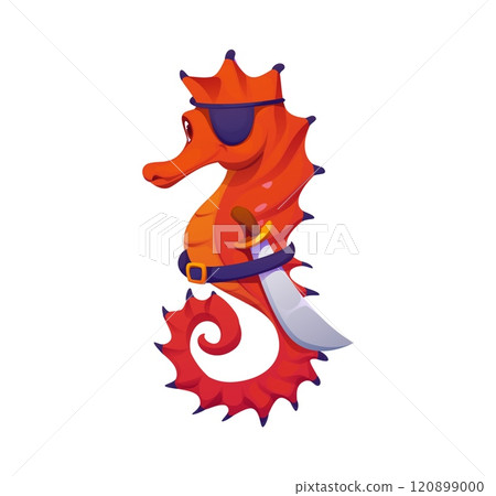 Cartoon funny seahorse animal pirate character with an eye patch and cutlass, seeking treasures and adventure on sea bottom. Isolated vector plucky hippocampus corsair underwater captain personage Cartoon funny seahorse animal pirate character with an eye patch and cutlass, seeking treasures and adventure on sea bottom. Isolated vector plucky hippocampus corsair underwater captain personage 120899000