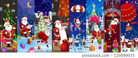 Christmas Santa Claus characters collage embodying Xmas spirit, magic vibe and joy of holiday season. Cartoon vector scenes with funny father Noel with gifts, parachute, wish list and hot air balloon 120899035