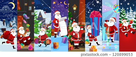Cartoon Christmas Santa characters collage. Vector festive scenes with father Noel personage delivering gifts, performs on stage, reading scroll with wish list and celebrating Xmas holiday traditions Cartoon Christmas Santa characters collage. Vector festive scenes with father Noel personage delivering gifts, performs on stage, reading scroll with wish list and celebrating Xmas holiday traditions 120899053