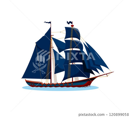 Pirate ship with black sails, skull and crossbones symbol. Isolated carton vector majestic corsair vessel evokes a sense of adventure and freedom, open sea exploration, maritime history or pirate lore 120899058