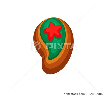 Festive Christmas gingerbread comma cookie punctuation symbol covered with green icing and red star. Cartoon vector glyph font, xmas typeface, new year type, pastry alphabet for seasonal celebrations Festive Christmas gingerbread comma cookie punctuation symbol covered with green icing and red star. Cartoon vector glyph font, xmas typeface, new year type, pastry alphabet for seasonal celebrations 120899060