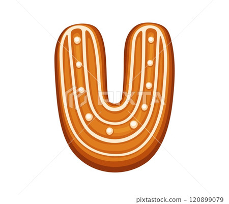 Christmas gingerbread letter U with icing lines and small white candy dots. Isolated holiday bakery typography, festive font, xmas typeface, new year type, English decorative pastry alphabet 120899079