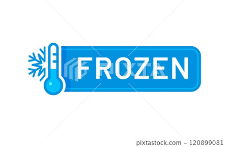 Frozen product, ice crystal blue icon or badge. Deep freezing fish packaging isolated vector tag or label. Frozen food product keep cold or refrigerated meat of seafood blue icon with thermometer 120899081