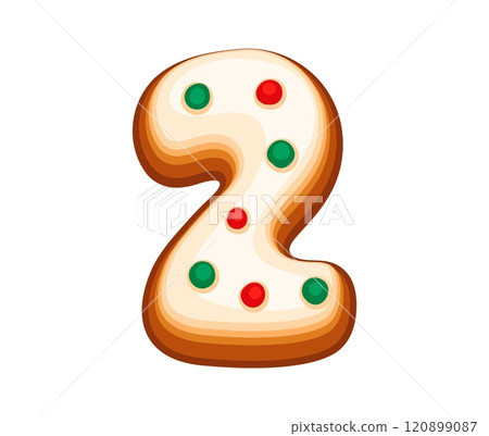 Festive gingerbread number 2 with icing and colorful candies for Christmas and new year holiday celebrations. Isolated cartoon vector two math symbol, seasonal font, xmas typeface, mathematics sign 120899087