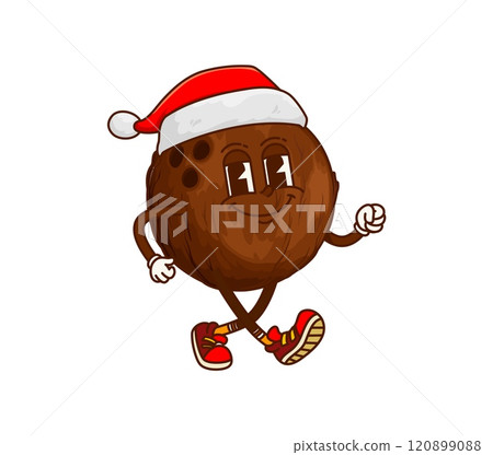 Cartoon Christmas coconut nut groovy character in Santa hat, exuding confidence and joy as it walks with lively expression and festive attire, captures Xmas holiday fun and spirit of celebrations 120899088