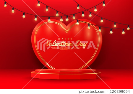 Valentine day podium stand with garland. Vector festive background with large heart and glowing string lights, creating romantic atmosphere for Valentines celebrations, love, gifts, or beauty products Valentine day podium stand with garland. Vector festive background with large heart and glowing string lights, creating romantic atmosphere for Valentines celebrations, love, gifts, or beauty products 120899094