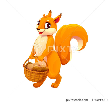 Cartoon squirrel character holding a basket filled with acorns. Isolated vector adorable forest animal, charming woodland personage with large eyes and fluffy bushy tail, exudes sense of joy and fun Cartoon squirrel character holding a basket filled with acorns. Isolated vector adorable forest animal, charming woodland personage with large eyes and fluffy bushy tail, exudes sense of joy and fun 120899095