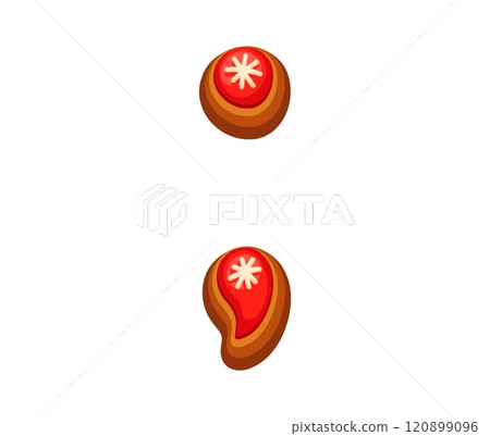Christmas font, semicolon symbol as gingerbread dot and comma with red icing and snowflakes decor. Cartoon xmas alphabet, winter holiday type, festive typeface. Vector typography punctuation sign Christmas font, semicolon symbol as gingerbread dot and comma with red icing and snowflakes decor. Cartoon xmas alphabet, winter holiday type, festive typeface. Vector typography punctuation sign 120899096