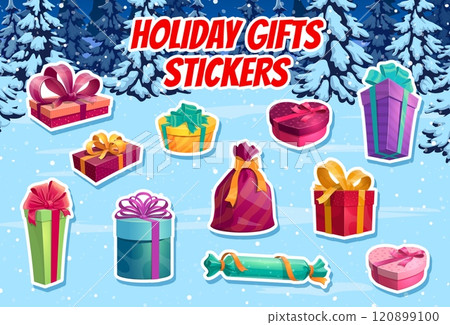 Cartoon Christmas gifts holiday stickers pack. Vector patches featuring vibrant wrapped present boxes and packs in snowy forest landscape with pine trees and spruces, promote festive spirit of giving Cartoon Christmas gifts holiday stickers pack. Vector patches featuring vibrant wrapped present boxes and packs in snowy forest landscape with pine trees and spruces, promote festive spirit of giving 120899100