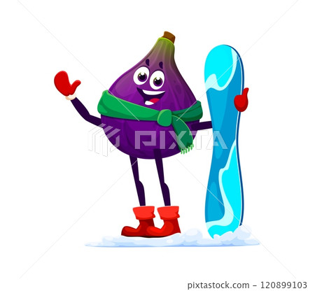 Cute fig Christmas and new year winter tropical fruit character wearing a scarf and mittens, standing with a snowboard on snow, ready for festive, winter, and holiday activities with a tropical twist 120899103