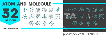 DNA, atom, chromosome molecule line icons, vector science, chemistry and physics, biology and medicine. Outline molecular structure symbols of DNA helix, cells, chromosomes, atom with electron orbits 120899115