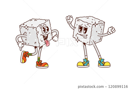 Funny groovy sugar cubes, hippie dessert, sweet and candy characters. Isolated cartoon vector sweetener, sugary food, cubic pieces retro personages with smiling faces, expressive eyes and sneakers Funny groovy sugar cubes, hippie dessert, sweet and candy characters. Isolated cartoon vector sweetener, sugary food, cubic pieces retro personages with smiling faces, expressive eyes and sneakers 120899116