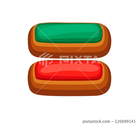Christmas gingerbread equal sign decorated with vibrant red and green icing. Cartoon vector Xmas font, typeface, new year type, pastry punctuation symbol or glyph resembling festive holiday cookies Christmas gingerbread equal sign decorated with vibrant red and green icing. Cartoon vector Xmas font, typeface, new year type, pastry punctuation symbol or glyph resembling festive holiday cookies 120899141