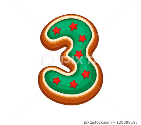 Number 3 gingerbread cookie with green icing and red star decorations, for Christmas, New Year or birthday celebration. Cartoon vector font, xmas typeface, funny dessert type, pastry alphabet numeral Number 3 gingerbread cookie with green icing and red star decorations, for Christmas, New Year or birthday celebration. Cartoon vector font, xmas typeface, funny dessert type, pastry alphabet numeral 120899155