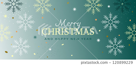 Merry Christmas and Happy New Year banner. Festive green background with golden and white snowflakes. Elegant winter holiday decoration vector design. 120899229