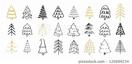 Christmas tree doodle collection. Hand drawn festive trees with black and golden accents. Abstract winter decoration set for holiday design. Vector illustration. 120899234