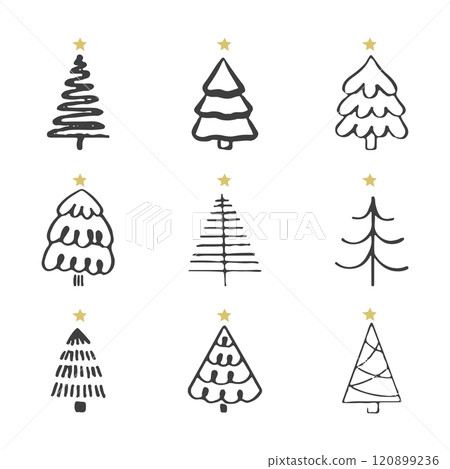 Hand drawn Christmas tree collection with golden stars. Doodle style festive trees for holiday decoration and winter designs. Vector illustration set. 120899236