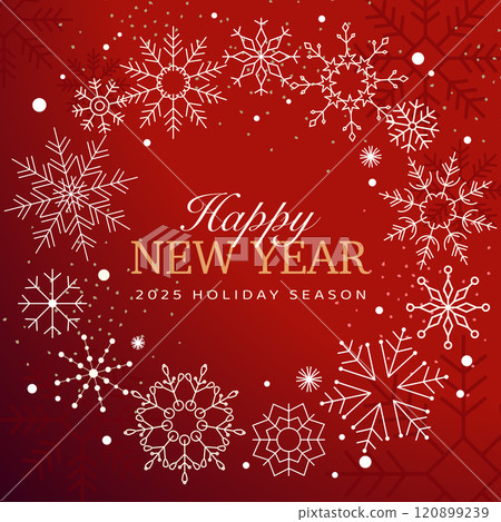 Happy New Year 2025 banner with intricate white snowflakes on a vibrant red background. Festive holiday card design for seasonal celebrations and greetings. 120899239
