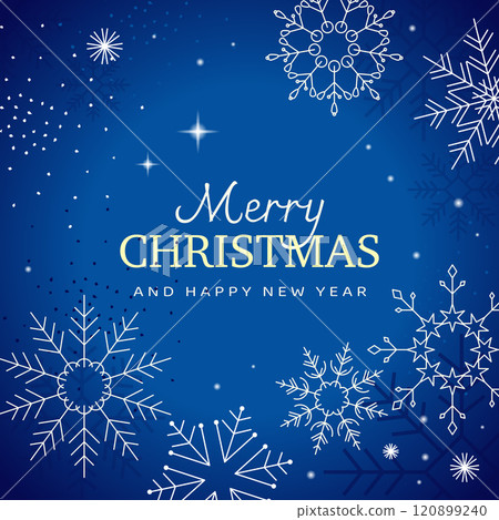 Elegant Merry Christmas and Happy New Year banner with intricate white snowflakes on a deep blue background. Festive winter holiday decoration design. 120899240
