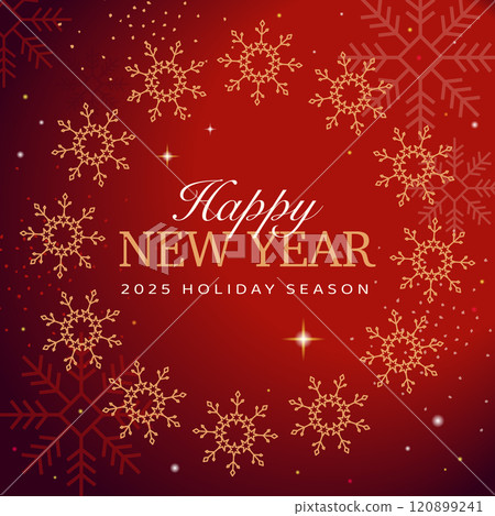 Happy New Year 2025 banner with golden snowflake wreath on vibrant red background. Festive holiday design for seasonal greetings and celebration themes. 120899241