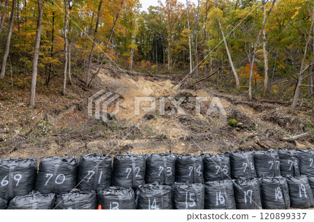 Sandbag retaining work for landslides 120899337