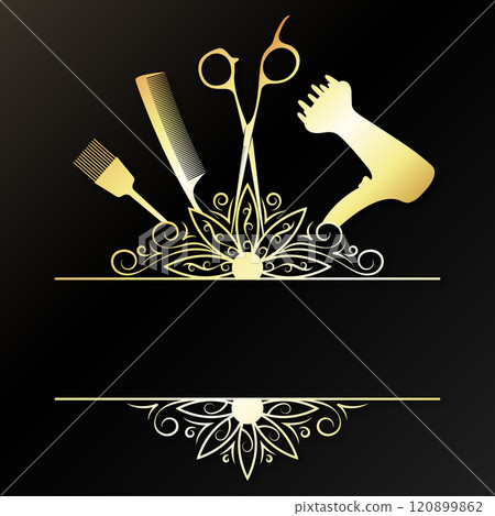 Stylist tool gold color design. Beauty salon banner Stylist tool gold color design. Beauty salon banner 120899862