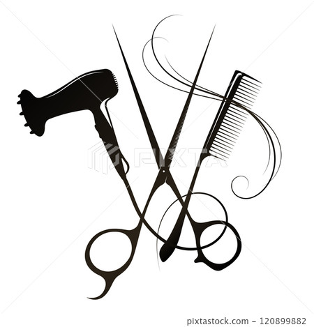Stylists scissors, curling comb and electric hair dryer 120899882